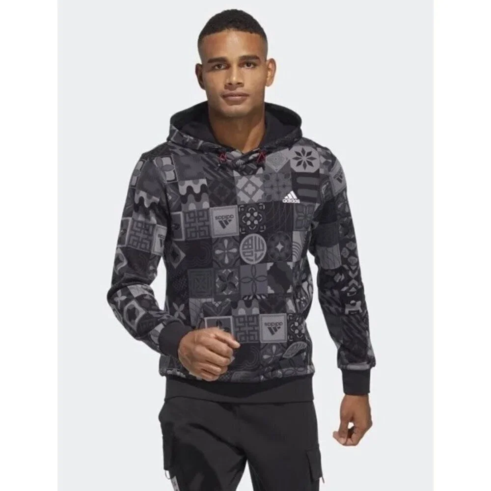 Adidas Men's Sz L CNY Chinese New Year All Over Print Black & Gray Hoodie